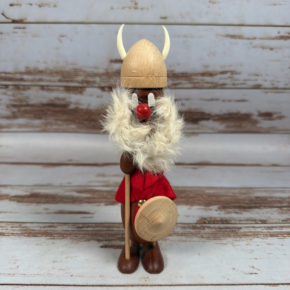 Vintage Denmark Teak Wood Viking Figurine 9" Warrior Beard Shield Mid Century